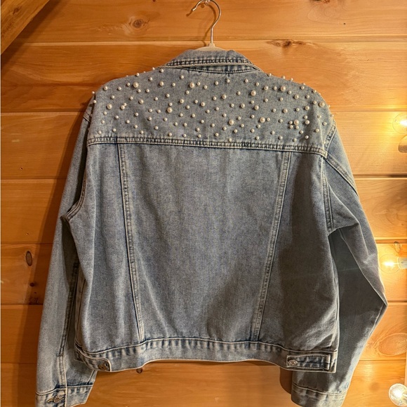 Denim Collared Pearl Studded Jacket with Buttons and Pockets - Picture 3 of 8